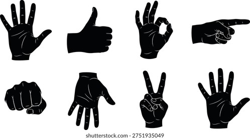 Black silhouette of human hand gestures set including thumbs up ok sign victory peace symbol pointing finger and open palm