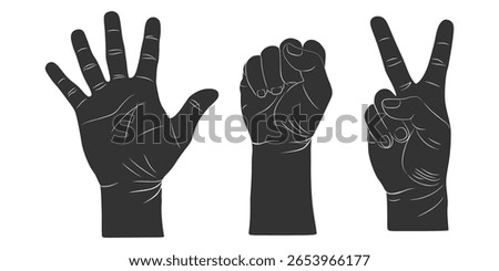 Black Silhouette of Human Hand Gestures – Open Palm, Fist, and Peace Sign Illustration