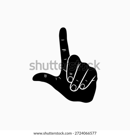 Black silhouette of a human hand making the L sign gesture with the index finger and thumb, commonly interpreted as loser or representing the letter L in American Sign Language, isolated on a white background.