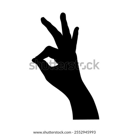 Black silhouette of human hand. Ok sign. Vector gesture illustration. Concept of communication and expressions. Index, middle, ring, little fingers and thumb