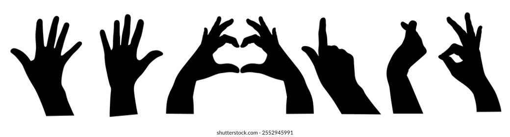 Schwarze Silhouette aus menschlichem Handset. Vektorgestengrafik. Konzept der Kommunikation und Ausdrücke. Index, Mitte, Ring, kleine Finger und Daumen