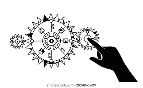 Black silhouette of a human hand touching a complex mechanical gear system decorated with beautiful geometric patterns.