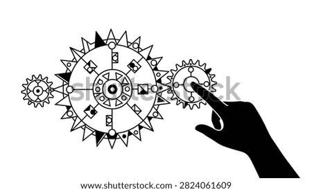 Black silhouette of a human hand touching a complex mechanical gear system decorated with beautiful geometric patterns.