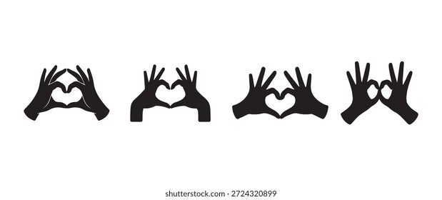 Silueta negra de las manos humanas que forman gestos del corazón, conjunto de símbolos e iconos del amor.