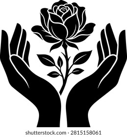 Black silhouette of human hands holding a blooming rose