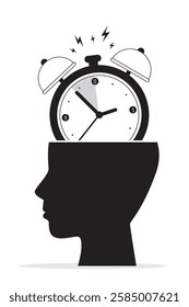 Black silhouette of human head with alarm clock is ringing. time management concept. Open mind with alarm watch inside. Stress of deadline and being late. flat vector illustration