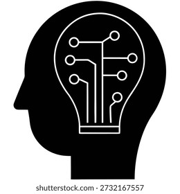 Eine schwarze Silhouette eines menschlichen Kopfes mit einer Glühbirne im Inneren, mit einem Leiterplattenmuster, das Innovation und Ideen symbolisiert.