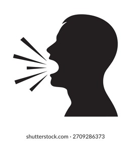 Una silueta negra de una cabeza humana de perfil, boca abierta, con líneas que representan ondas de sonido o habla que emanan hacia afuera.