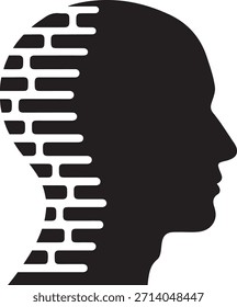 Black silhouette of a human head profile against a white background with abstract horizontal white lines on the left side of the head.