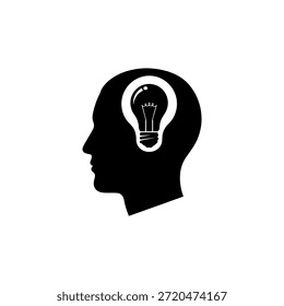 A black silhouette of a human head in profile view with a glowing light bulb inside, symbolizing a new idea or innovation.