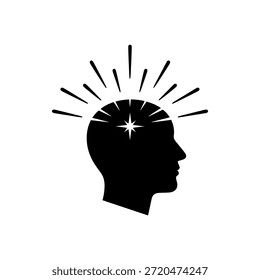 Una silueta negra de una cabeza humana de perfil con una estrella y líneas radiantes que emanan desde adentro, simbolizando una nueva idea, percepción o claridad mental.