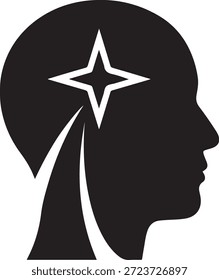 Silueta negra de un perfil de cabeza humana con una estrella blanca de cuatro puntas y líneas abstractas dentro de la cabeza