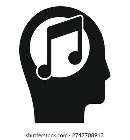 Black silhouette of a human head profile with a musical note inside representing the concept of thinking about music
