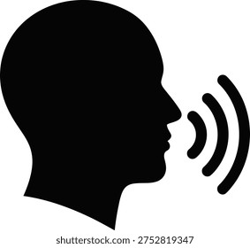 A black silhouette of a human head in profile with sound waves coming out of the mouth