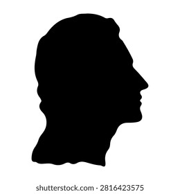 A black silhouette of a human head profile with detailed facial outline and hairstyle, set against a plain white background.