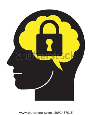 A black silhouette of a human head in profile, with a bright yellow thought bubble containing a padlock icon inside. This image represents secure thoughts, protected ideas, or mental privacy and secur