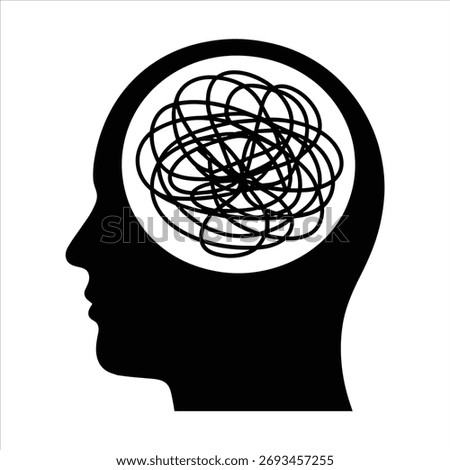 Black silhouette of a human head profile with tangled lines inside the brain area mind