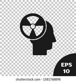 Black Silhouette of a human head and a radiation symbol icon isolated on transparent background.  Vector Illustration
