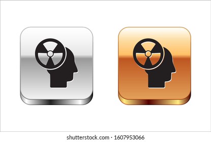 Black Silhouette of a human head and a radiation symbol icon isolated on white background. Silver-gold square button. Vector Illustration