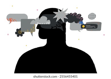 A black silhouette of a human head surrounded by a whirlwind of gray thoughts and ideas. The concept of grief, inner experience, negative thinking.
