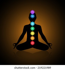 Black silhouette of a human in lotus position with colorful chakras