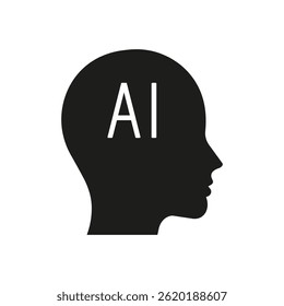 Silueta negra de un perfil humano con texto "AI". Concepto de inteligencia artificial. Vector.