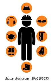 Black silhouette of human. Protective equipments and work wear, protection head, hands, ears and body. Vector set icons, black signs at orange circle frame.