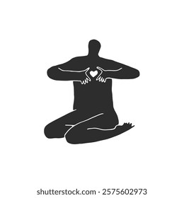 Black silhouette of a Human sitting on his knees with a heart in his hands. Black and white vector illustration print.