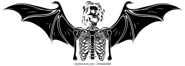 black silhouette of human skeleton with bat wings vector illustration