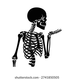 A black silhouette of a human skeleton gesturing with an open palm