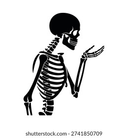 A black silhouette of a human skeleton gesturing with an open palm