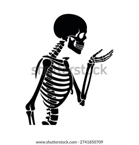 A black silhouette of a human skeleton gesturing with an open palm