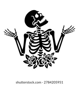 Black silhouette of a human skeleton shrugging with roses at the waist, isolated on white