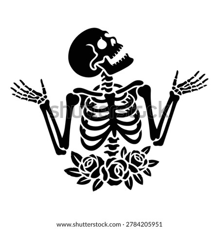 Black silhouette of a human skeleton shrugging with roses at the waist, isolated on white