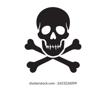 Silhueta preta do crânio humano com ossos cruzados, isolado no fundo branco, ilustração gráfica. conceito de perigo, símbolo pirata, mortalidade, elemento de design, decoração de halloween.
