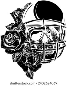 black silhouette of human skull with helmet fottball and rose flowers isolated vector illustration