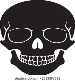 A black silhouette of a human skull with hollow eye sockets, a nose cavity, and detailed teeth structure. The design is simple yet striking