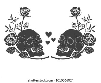 Black silhouette Human skull   roses tattoo  Couple skulls man   woman  love hearts   flowers 