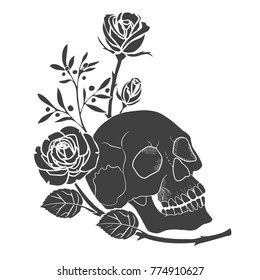 Black silhouette Human skull and roses tattoo.