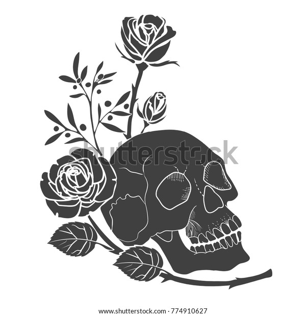 Black Silhouette Human Skull Roses Tattoo Stock Vector (Royalty Free ...