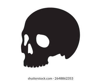 Silhueta preta do crânio humano, vista lateral isolada sobre fundo branco, ilustração gráfica. conceito de anatomia, decoração halloween, símbolo da morte, elemento de design.