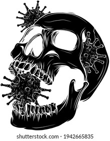 black silhouette of human skull with virus vector illustration design