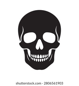 A black silhouette of a human skull with white teeth and eye sockets on a plain white background.