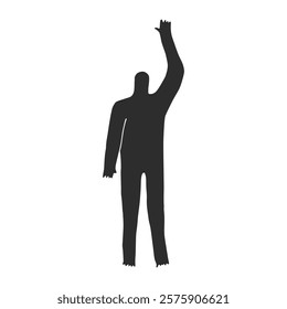 Black silhouette of a Human waving his hand as a greeting or farewell. Vector cartoon character, flat illustration.