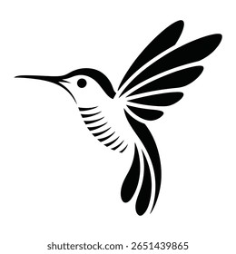 Black silhouette of a hummingbird in flight against a white background stylized with abstract lines and shapes.