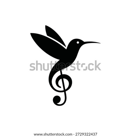 A black silhouette of a hummingbird in flight on a musical treble clef symbol, isolated on a pure white background, with a minimalist and elegant design