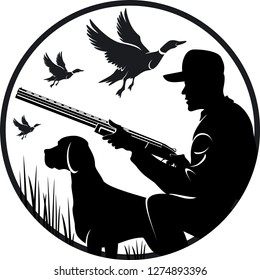 Black Silhouette Of A Hunter, With A Dog, Duck Hunting
