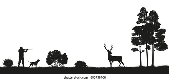 Black silhouette of a hunter and dog in the forest. Hunting for deer. Picture of wild nature. Vector illustration