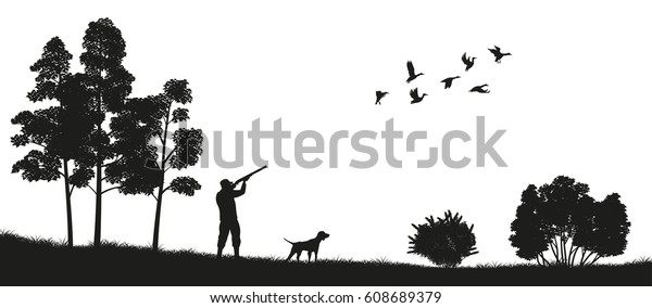 Black\
silhouette of a hunter with a dog in the forest. Duck hunting.\
Landscape of wild nature. Vector\
illustration\
