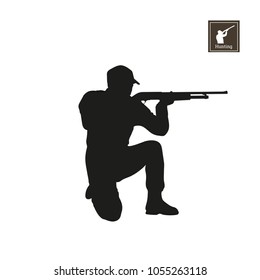 Black Silhouette Of Hunter On White Background. Icon Of Hunt Man. Shooter With Rifle. Vector Illustration 